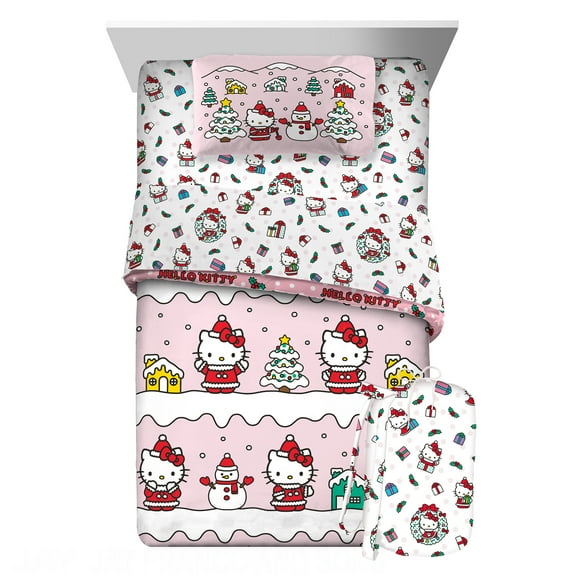 Hello Kitty Holiday Kids 6 Piece Reversible Comforter, Bed in a Bag, Full