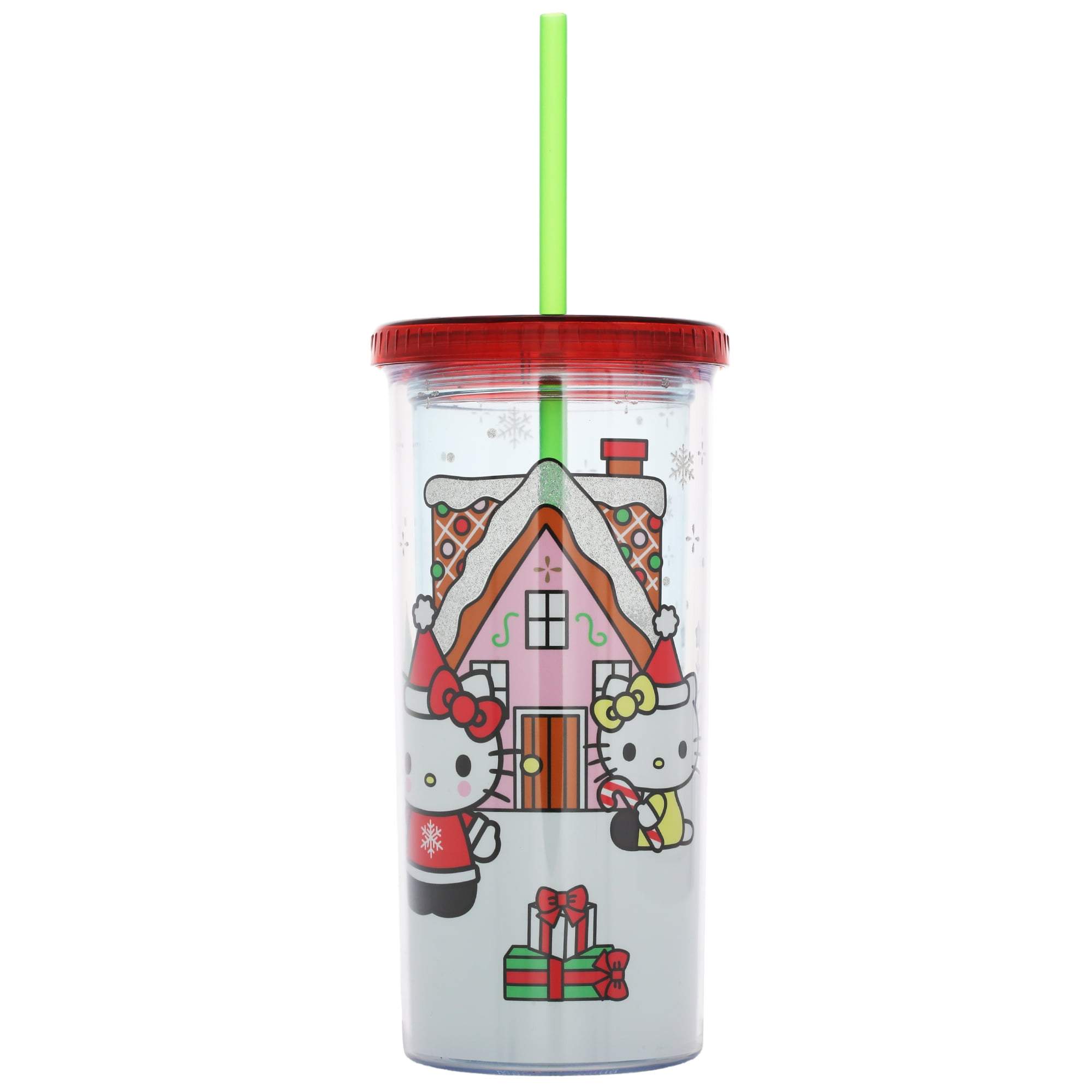 Hello Kitty Holiday Santa Outfit Glitter 20 oz Plastic Tall Cold Cup with Lid and Straw