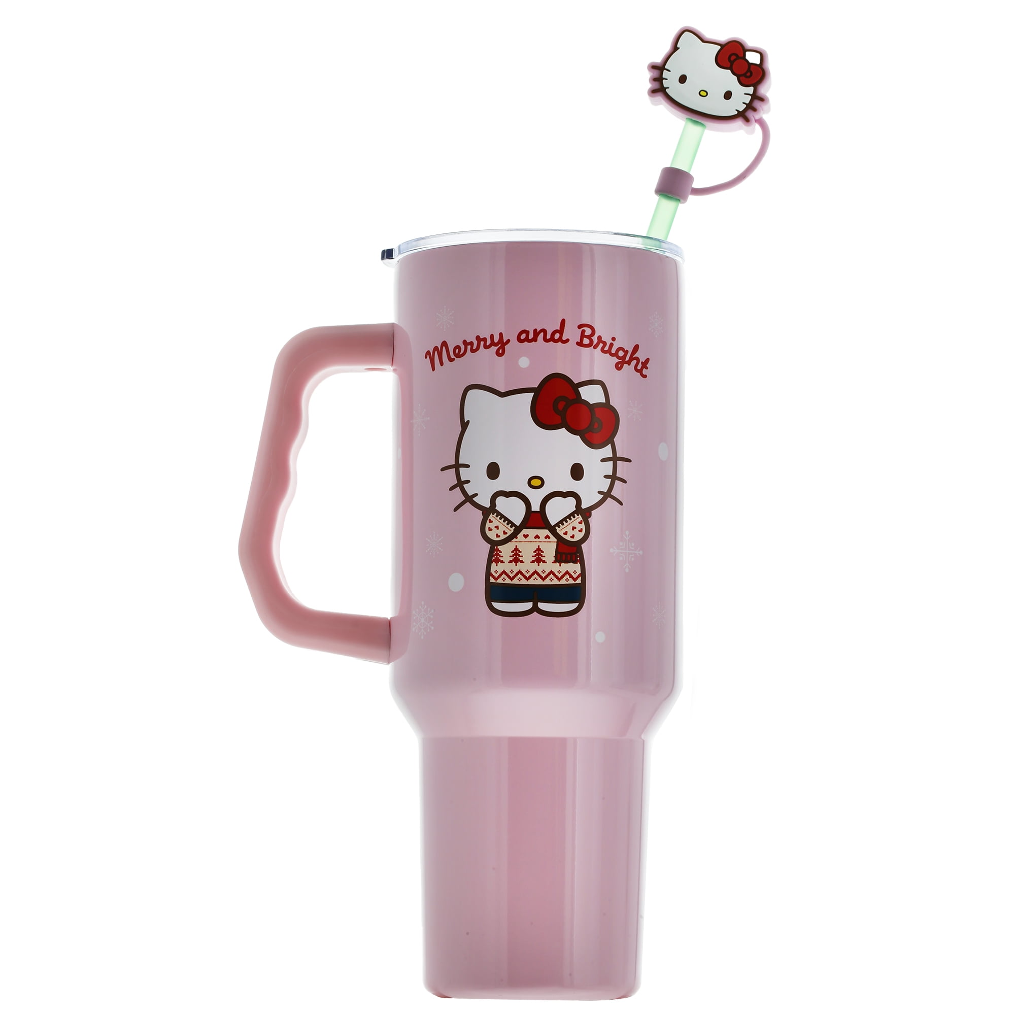 Hello Kitty Holiday Sweater Tumbler With Handle, Straw Cover Cap, Lid and Straw, Stainless Steel, 40 oz