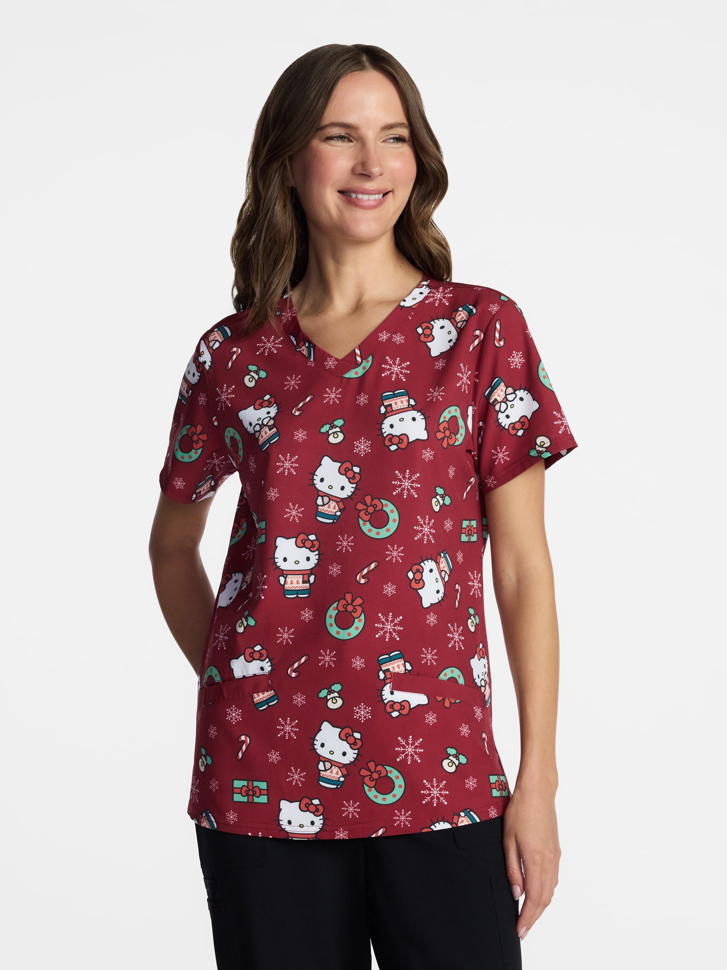 Hello Kitty Women's Holiday Scrub Top with Short Sleeves, Sizes S-XXXL