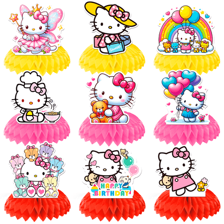Hello Kitty Honeycomb Centerpieces for Birthday, 9pcs Hello Kitty Centerpieces for Tables 3D Double Side Hello Kitty Honeycomb Style Centerpiece for Girls Hello Kitty Themed Party Decorations