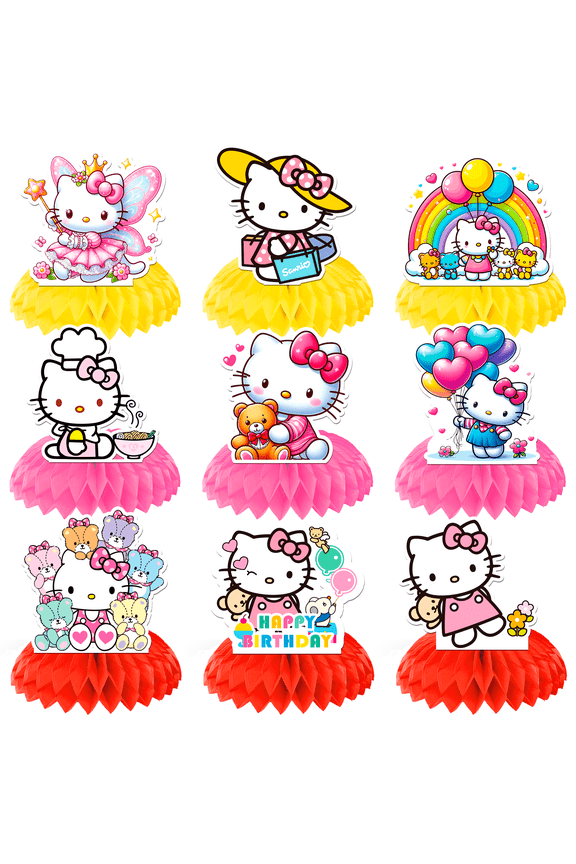 Hello Kitty Honeycomb Centerpieces for Birthday,9pcs Hello Kitty Centerpieces for Tables 3D Double Side Hello Kitty Honeycomb Style Centerpiece for Girls Hello Kitty Themed Party Decorations