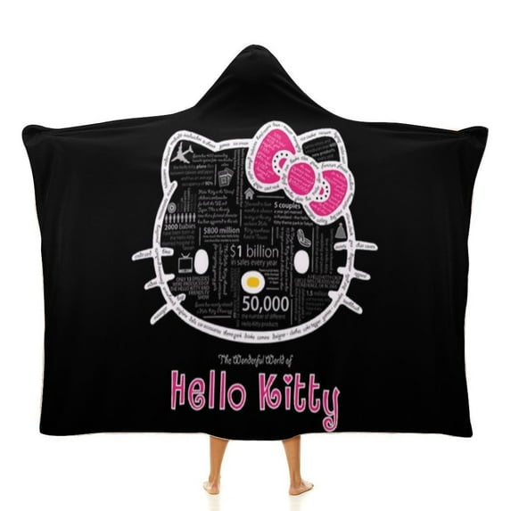 Hello Kitty Hooded Blanket Poncho, Wearable Hooded Blanket Cozy Soft Warm Plush Fleece Blanket for Adult Women Men 40x50
