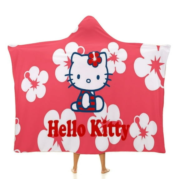 Hello Kitty Hooded Blanket Poncho, Wearable Hooded Blanket Cozy Soft Warm Plush Fleece Blanket for Adult Women Men