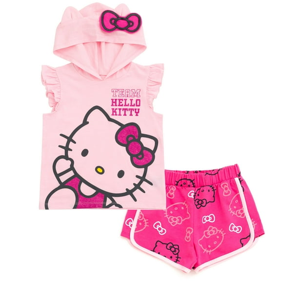 Hello Kitty Hooded Cosplay Tank Top and French Terry Dolphin Active Shorts Outfit Set Toddler to Big Kid