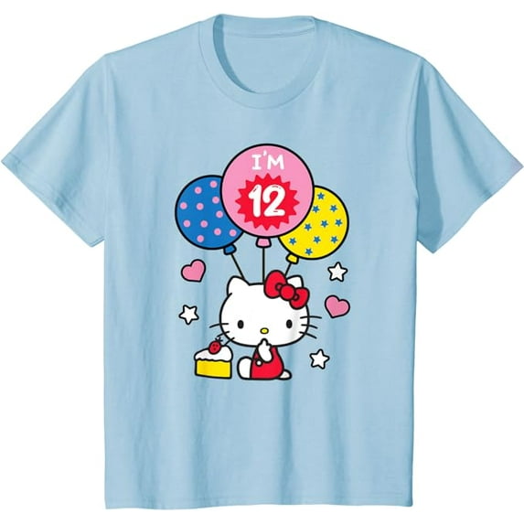 Hello Kitty I'm 12 Birthday Youth T-Shirt, 12th BD Gift For Boys Girls Kids, Light Blue Color, Size XL