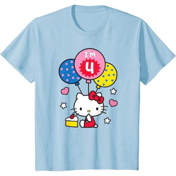 Hello Kitty I'm 4 Birthday Youth T-Shirt, 4th BD Gift For Boys Girls Kids Toddler, Light Blue Color, Size S