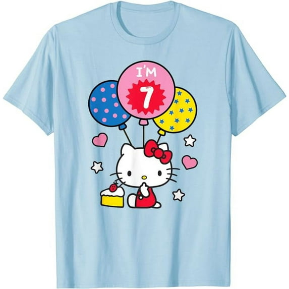 Hello Kitty I'm 7 Birthday T-Shirt, 7th BD Gift For Boys Girls Kids, Light Blue Color, Size M