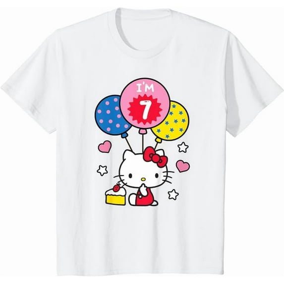 Hello Kitty I'm 7 Birthday Youth T-Shirt, 7th BD Gift For Boys Girls Kids Toddler, White Color, Size XS