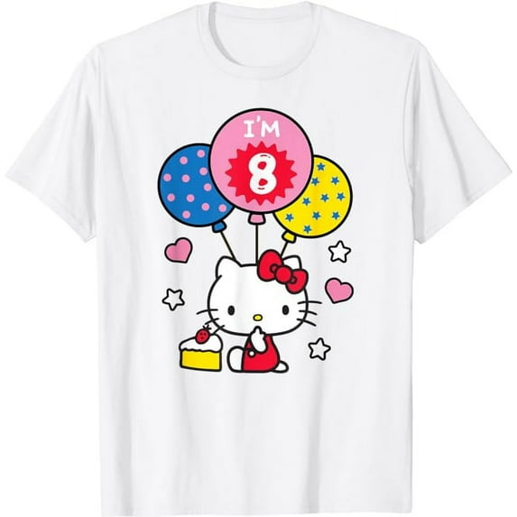 Hello Kitty I'm 8 Birthday T-Shirt, 8th BD Gift For Boys Girls Kids, White Color, Size S