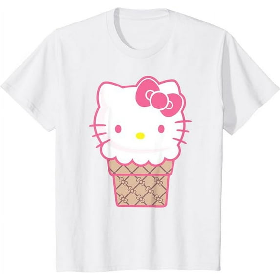 Hello Kitty In The Ice Cream Cone Youth T-Shirt Cute Tee For Boys Girls Kids Toddler, White Color, Size XL