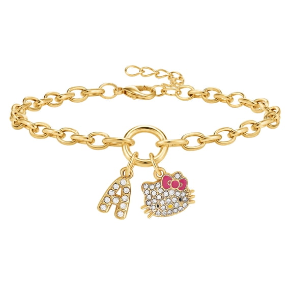 Hello Kitty Initial Crystal Charm Bracelet, Gold‑Tone, Adjustable