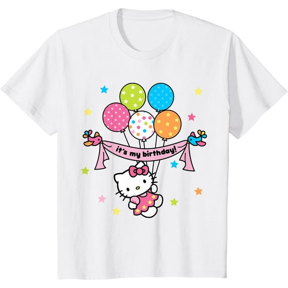 Hello Kitty "It's My Birthday" Party DTG Print Unisex T-Shirt,White Color,Size YS