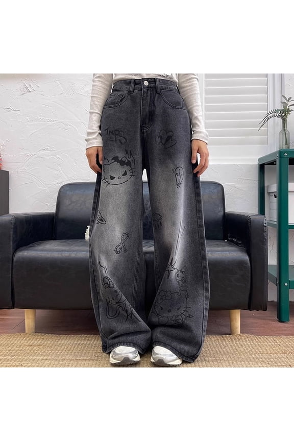 Hello Kitty Jeans Y2k Cartoon Comfort Loose Wide Leg Pants Cute Originality Straight Leg Pants