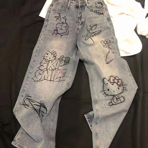Hello Kitty Jeans Y2k Cartoon Comfort Outdoors Loose Wide Leg Pants Cute Straight Leg Pants Sweet Gift