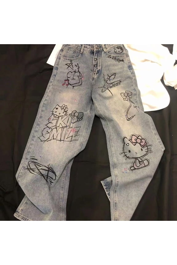 Hello Kitty Jeans Y2k Cartoon Comfort Outdoors Loose Wide Leg Pants Cute Straight Leg Pants Sweet Gift