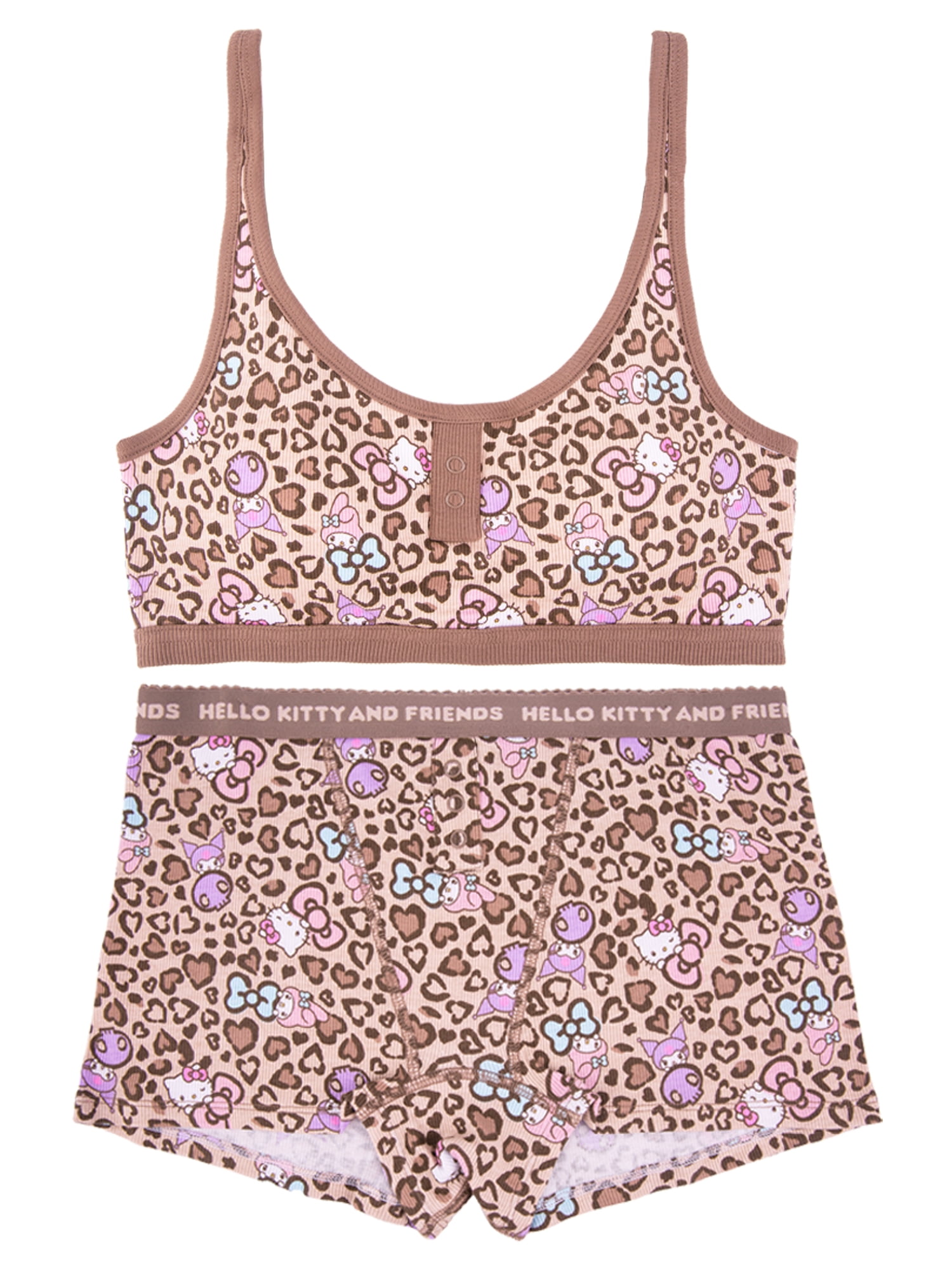 Hello Kitty Junior's 2-Piece Ribbed Knit Bralette and Boxer Brief Set, Size Small to Extra Large