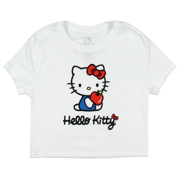 Hello Kitty Junior's Women's Apple Treat Crewneck Cotton-Blend Adult Short-Sleeve Cropped T-Shirt