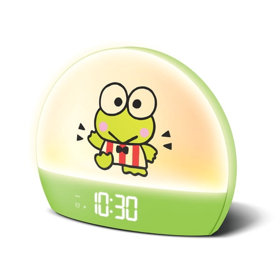 Hello Kitty Keroppi Sunrise Alarm Clock, USB Powered Digital Bedside Clock with Night Light, 6 Color Modes, RGB Light, Time Date Temperature Display, Green