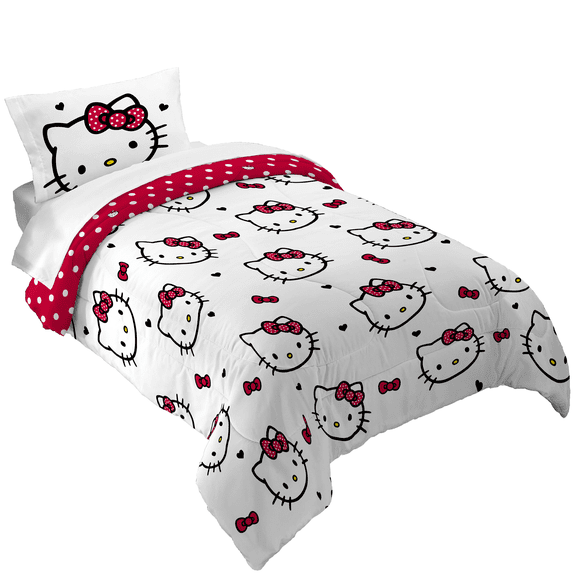 Hello Kitty Kids 2 Piece Red White Reversible Comforter and Pillowcase set, Twin/full