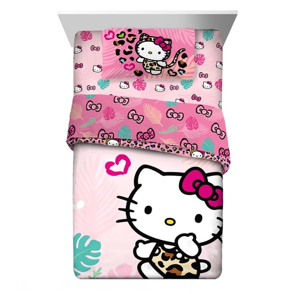 Hello Kitty Kids 4 Piece Pink Reversible Comforter, Bed in a Bag, Twin