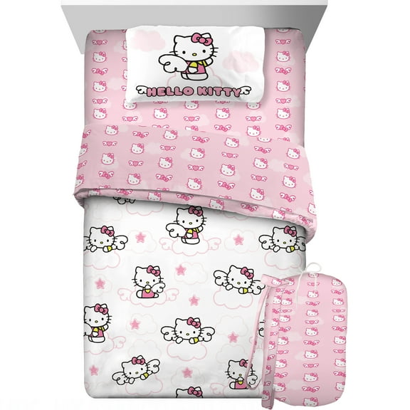 Hello Kitty Kids 6 Piece Piece Reversible Comforter, Bed in a Bag, Queen