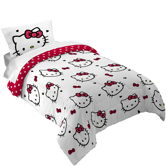 Hello Kitty Kids 2 Piece Red White Reversible Comforter and Pillowcase set, Twin/full