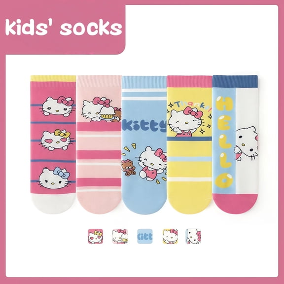 Hello Kitty Kids Crew Socks – 5-Pair Cute Cartoon Hello Kitty Design, Soft Cotton Blend, Comfortable, Colorful Striped & Graphic Socks for 9-12 Year Old Girls, Ideal Gift for Hello Kitty Fans