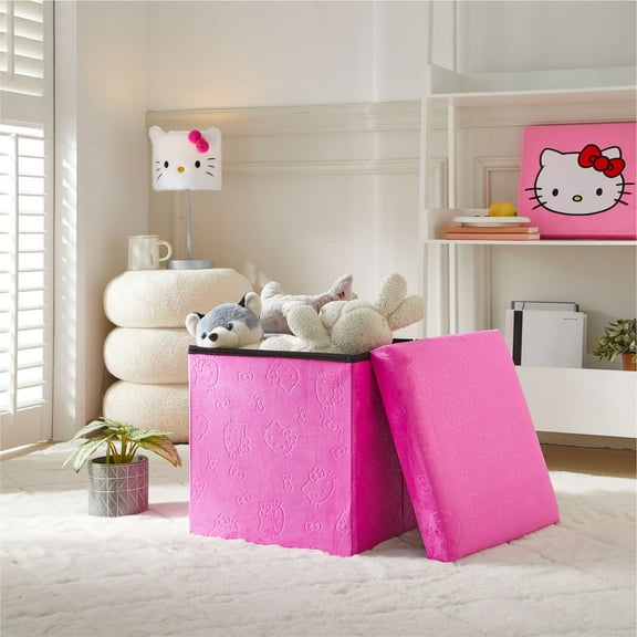 Hello Kitty Kids' Embossed Storage Ottoman, Pink, 15" x 15" x 15"