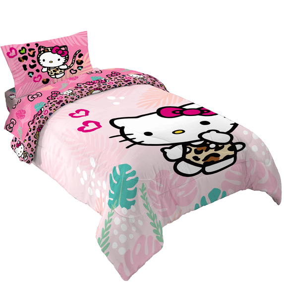 Hello Kitty Kids 5 Piece Pink Reversible Comforter, Bed in a Bag, Full