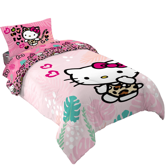 Hello Kitty Kids 5 Piece Pink Reversible Comforter, Bed in a Bag, Full