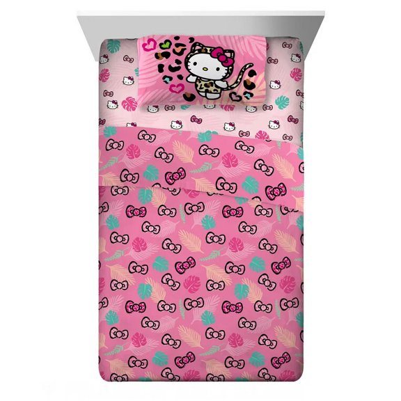 Hello Kitty Kids Twin Sheet Set, Pink, Sanrio Girls Favorite Pink Bow