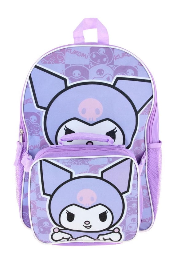 Hello Kitty Kuromi 16" Purple School Backpack and Rectangular Lunch Bag Attached
