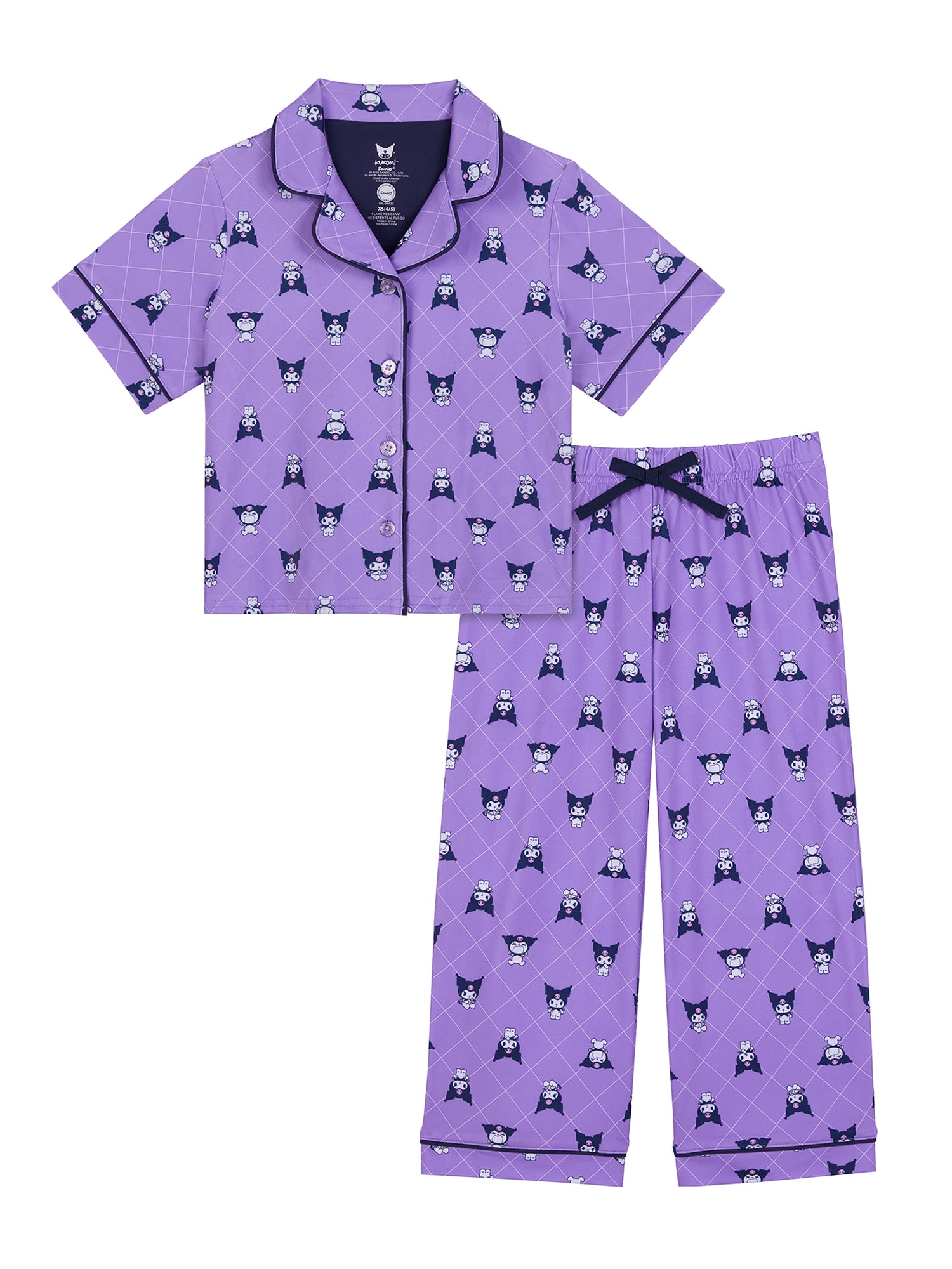 Hello Kitty Kuromi Girls Button Front Top and Pants Pajama Set, 2-Piece, Sizes 4-12