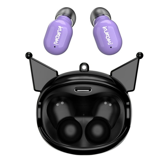 Hello Kitty Kuromi Wireless Bluetooth Earbuds with Rotating Charging Case | Built-in Mic, Hands-Free Calling, Purple and Black Design for Kids & Fans | Flip Face Feature