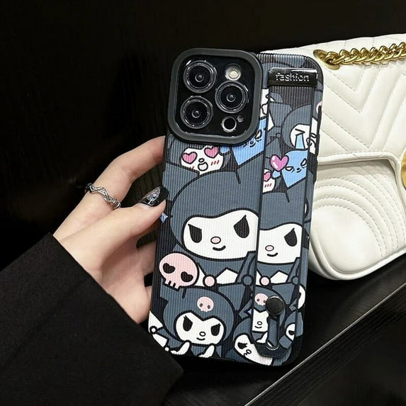Hello Kitty Kuromi Wrist Strap Holder Case for iPhone 15 14 11 Pro Max 13 12 XR XS X 8 7 Plus SE 2020 Vertical Stripe Back Cover
