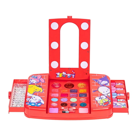 Hello Kitty and Friends Beauty Vanity Set with Light-Up Mirror, Includes Lip Gloss, Eyeshadow, Blush, Brushes, Nail Polishes, Ages 6+, Battery Not Included, for Gift-Giving, Parties by Townley Girl