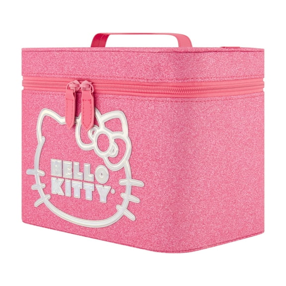 Hello Kitty Large Cosmetic Travel Case Organizer, Portable Makeup Box with Mirror and Dual Zipper, Pink