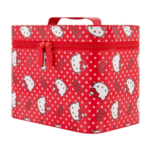 Hello Kitty Large Cosmetic Travel Case Organizer, Portable Makeup Box with Mirror and Dual Zipper, Red