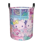 Hello Kitty Laundry Hamper, Dirty Clothes Hamper Storage Basket for Bathroom Bedrooms, Circular Hamper with Handles, Gifts for Boys Girls Men Women