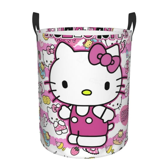 Hello Kitty Laundry Hamper, Dirty Clothes Hamper Storage Basket for Bathroom Bedrooms, Circular Hamper with Handles, Gifts for Boys Girls Men Women