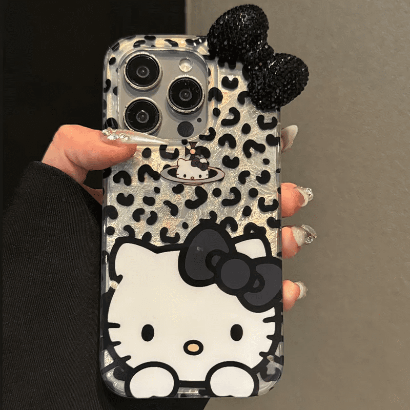 Hello Kitty Leopard Print Diamond Bow Phone Case For iPhone 16 15 14 13 ...