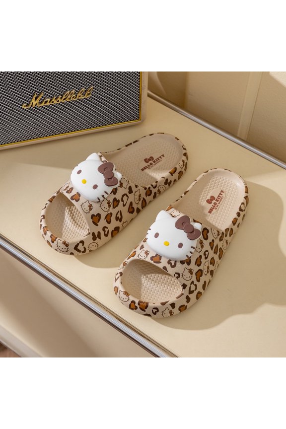 Hello Kitty Leopard Print Slide Sandals for Women,Cute Cartoon Open Toe Slippers,Soft Non-Slip Indoor Outdoor Shoes