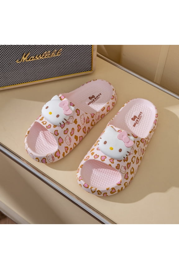 Hello Kitty Leopard Print Slide Sandals for Women,Cute Cartoon Open Toe Slippers,Soft Non-Slip Indoor Outdoor Shoes