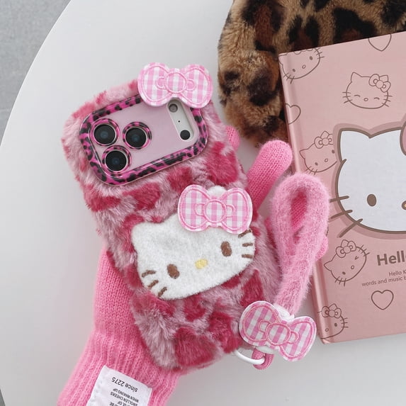 Hello Kitty Leopard Print Warm Plush Phone Case for iPhone 17 16 15 14 13/Pro/Pro Max Cover