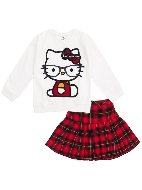 Little Girls' Fleece Sweatshirt and Plaid Pleated Skirt Set White Red