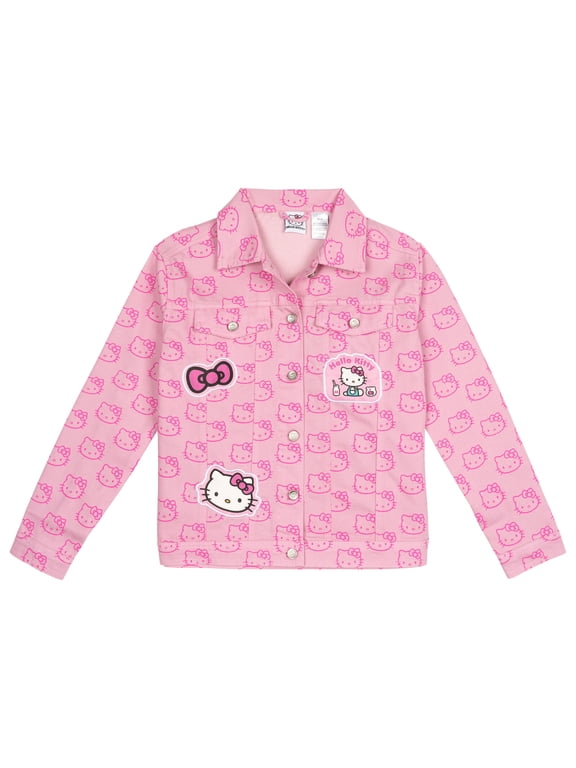 Little Girls' Lined Denim Jersey Jacket with Graphic Patches Light Pink Hello Kitty