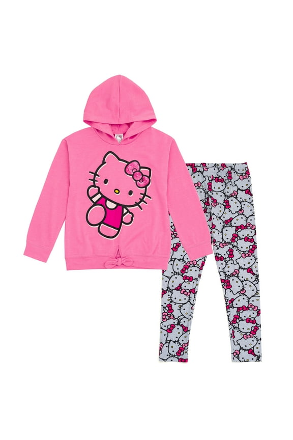 Little Girls Pullover FleeceHoodie and Leggings Outfit Set Pink / Gray 7-8