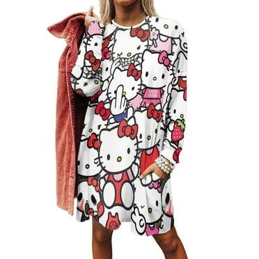 Hello Kitty Long Sleeve Shirts Casual Loose Fit Tops Trendy Outfits Sweatshirts with Pockets for Women Girls 2XS