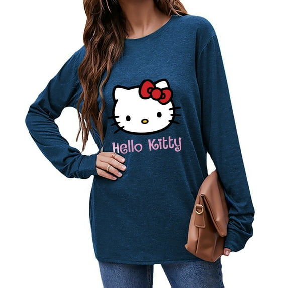 Hello Kitty Long Sleeve Shirts for Women Casual Crew Neck Basic Fall Tops Loose Fit Comfy Color blue